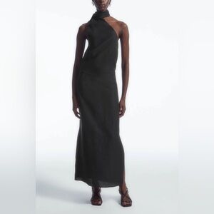 Cos Scarf Detail 100% Linen Asymmetrical Midi Dress